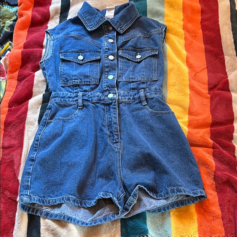 Classic Blue Denim Romper with Collared Neckline